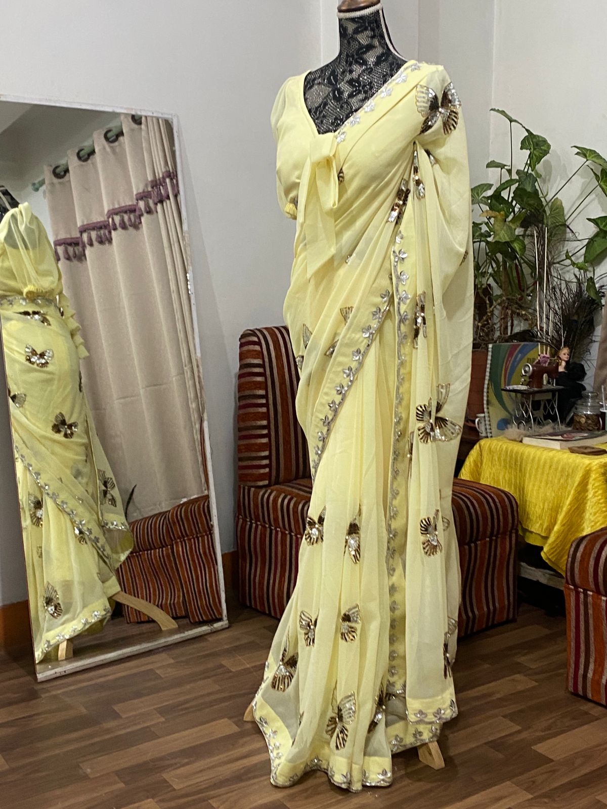 Pale Yellow Embroidered Flutter Saree